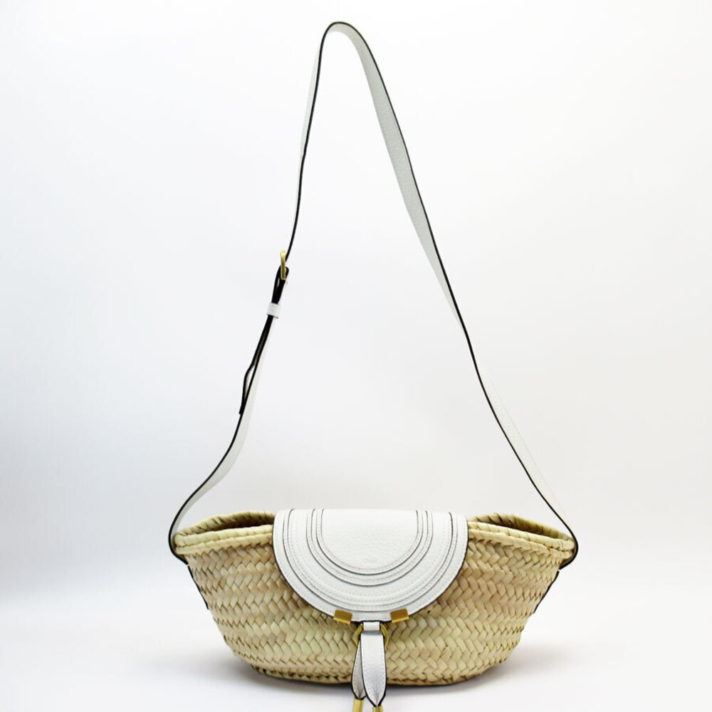 Chloe Marcy Shoulder Bag Raffia Leather Beige Tan White Gold